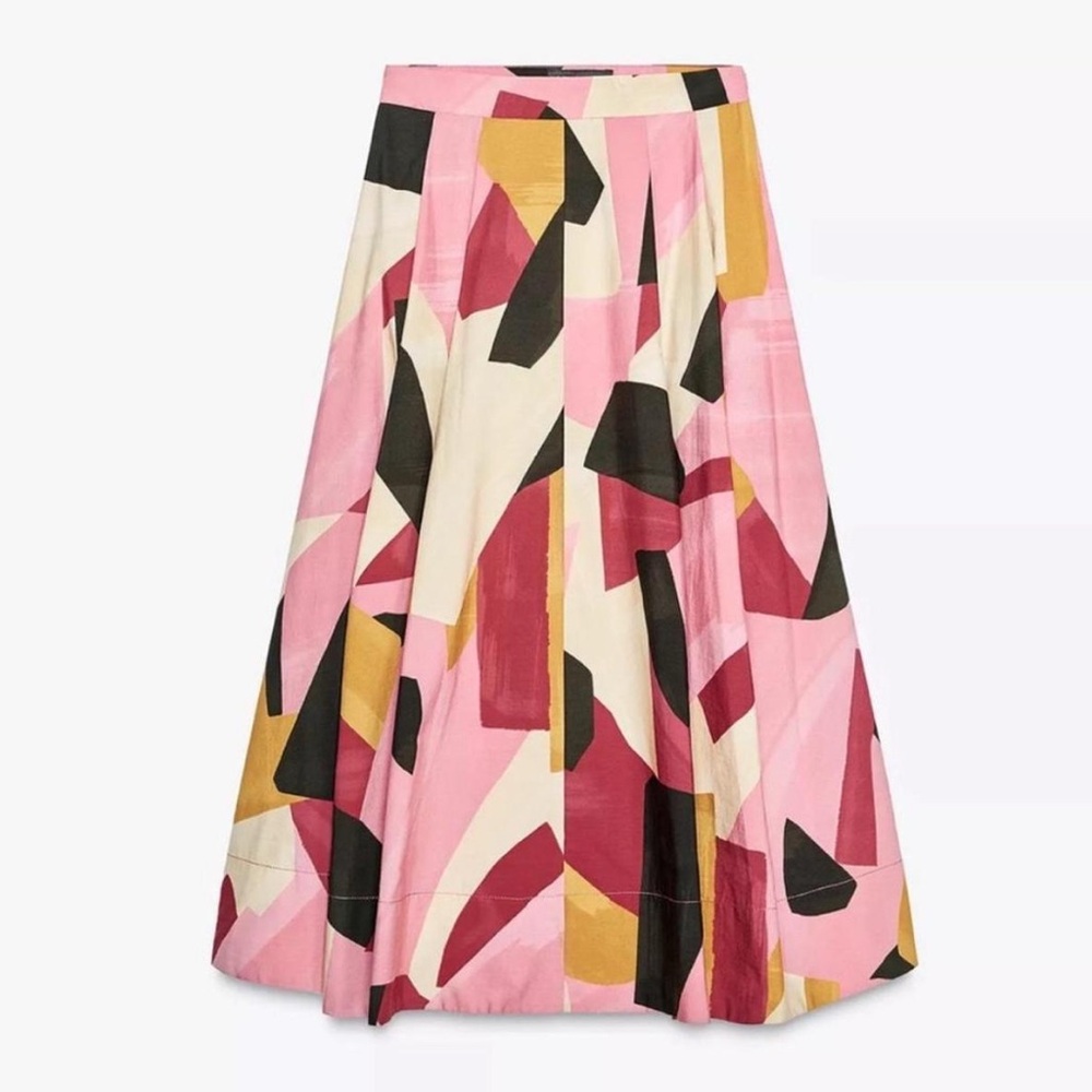 Abstract Print Zara Poplin Midi Skirt - Pink, Black, Gold